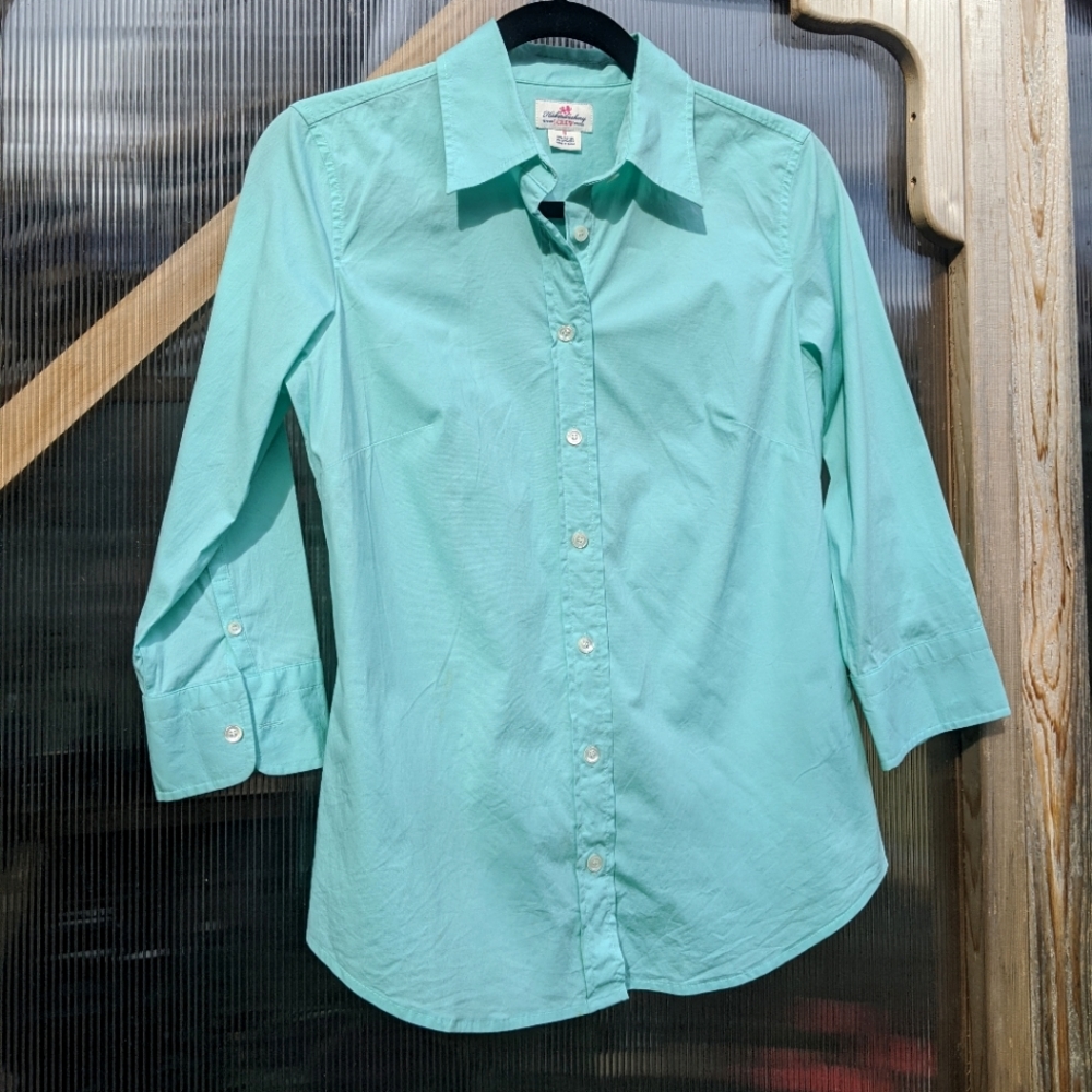 J. Crew Small Blue/Green Button-Up Top with 3 Quarter Sleeves